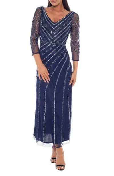 Oleg Cassini Sequin V-neck Three-quarter Sleeve Dress In Blue