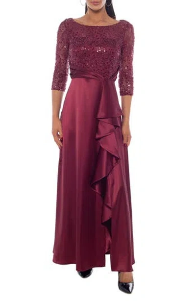 Oleg Cassini Sequined Lace & Satin Maxi Gown In Burgundy