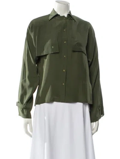 Pre-owned Oleg Cassini Silk Long Sleeve Button-up Top In Green