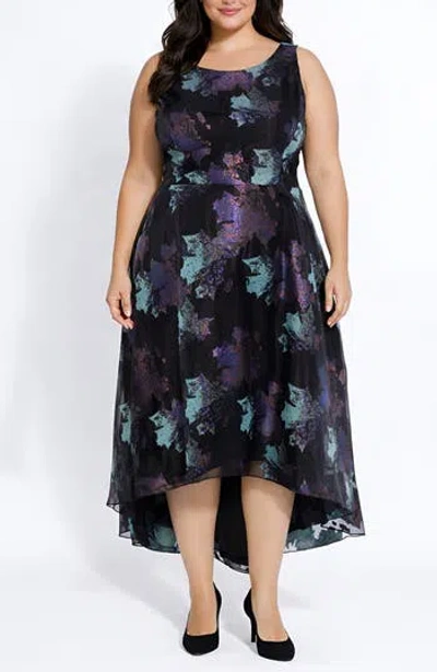 Oleg Cassini Sleeveless High Low Brocade Dress In Black