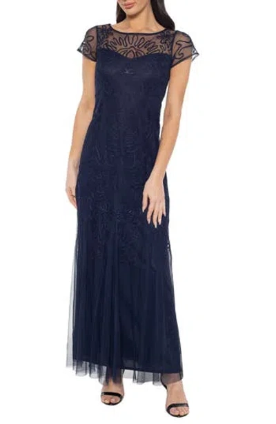 Oleg Cassini Soutaché Illusion Mesh Gown In Blue