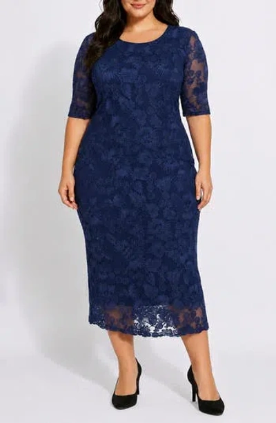 Oleg Cassini Soutache Illusion Sleeve Midi Dress In Blue