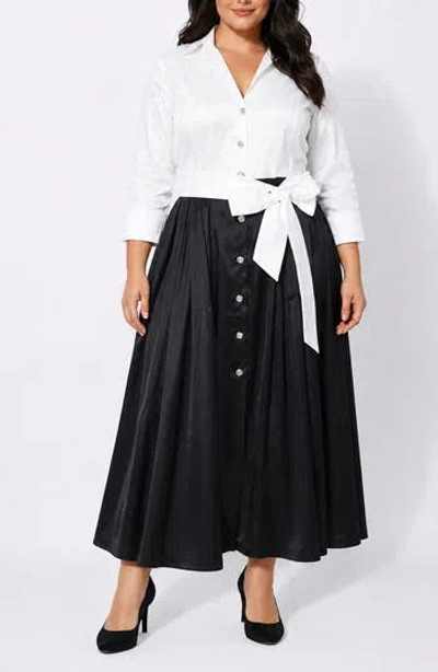 Oleg Cassini Stretch Taffeta Collar Midi Dress In White
