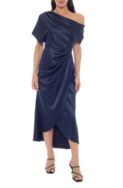 Oleg Cassini Twill Stretch Satin One-shoulder Gown In Blue