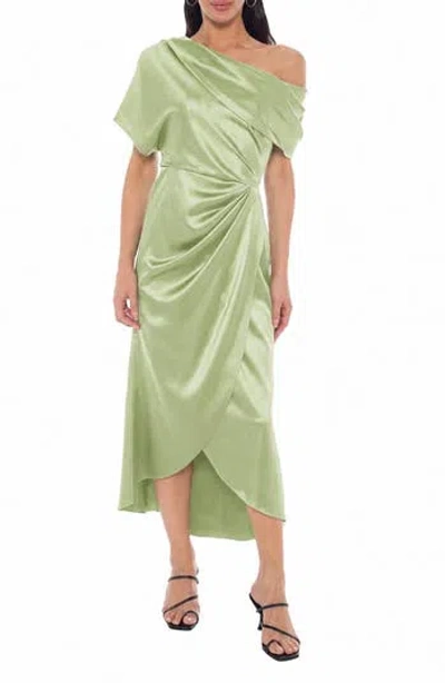 Oleg Cassini Twill Stretch Satin One-shoulder Gown In Green