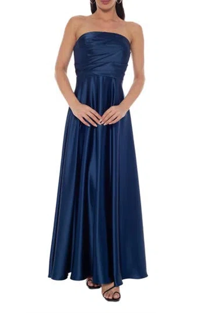 Oleg Cassini Twill Stretch Satin Strapless Gown In Blue