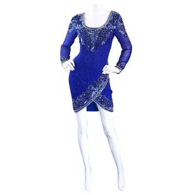 Pre-owned Oleg Cassini Vintage  Size 6 1990s Royal Blue Silk Sequin Beaded 90s Mini Dress
