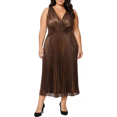 Oleg Cassini V-neck Pleated Gown In Brown