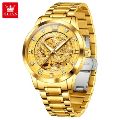 Pre-owned Olevs Automatic Luminous Hands Relief Sculpture Dragon Men's Mechanical Watch In All Gold