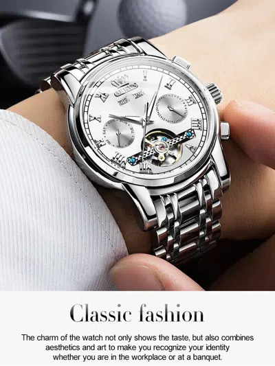 Pre-owned Olevs Automatic Mechanical Business Wristwatch Waterproof Stainless Steel Men's Watch In Gold Blue Face