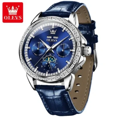 Pre-owned Olevs Automatic Watch Luminous Hands Moon Phase Day Date Men's Mechanical Watch In Blue Dial & Blue Band