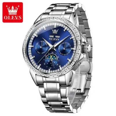 Pre-owned Olevs Automatic Watch Luminous Hands Moon Phase Day Date Men's Mechanical Watch In Blue Dial & Silver Band