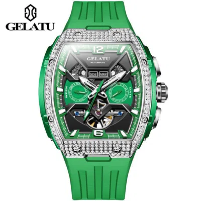Pre-owned Olevs Barrel Type, Tourbillon, Mechanical Watch, Waterproof, Luminous, Fashion, Watch In Grid 6016 Green Tape Ben Black Male