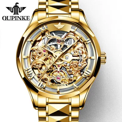 Pre-owned Olevs Brand Men's Business Watch Hollow-out Light Luxury Waterproof Mechanical Watch In Steel Belt Full Gold Surface