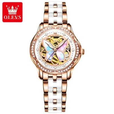 Pre-owned Olevs Ceramic Band Automatic Mechanical Watch Butterfly Dial Women's Wrist Watch In Ceramic Band & Rose Gold Case
