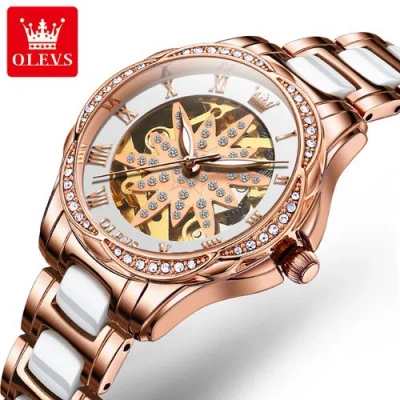 Pre-owned Olevs Ceramic Band Automatic Women's Mechanical Watch Flower-shaped Dial Rhinestone