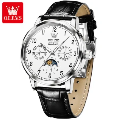 Pre-owned Olevs Leather Band Men's Mechanical Watch Luminous Hands Moon Phase Automatic Watch In Black Band & White Face