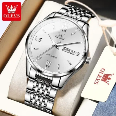 Pre-owned Olevs Men's Mechanical Watch Day-date Luminous Hands Men's Automatic Watch In Silver & White Dial