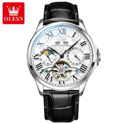 Pre-owned Olevs Men's Mechanical Watch Flywheel Design Date Month Automatic Watch Waterproof In Leather Band & White Dial