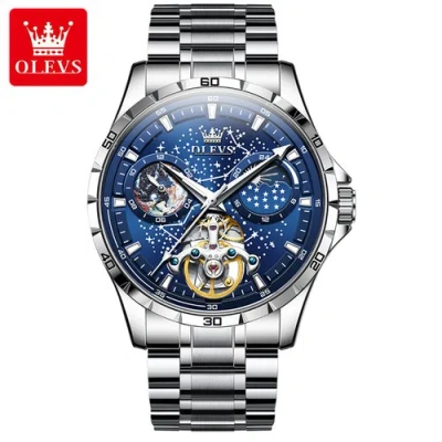 Pre-owned Olevs Steel Band Men's Mechanical Watch Luminous Dial Moon Phase Automatic Watch In Blue