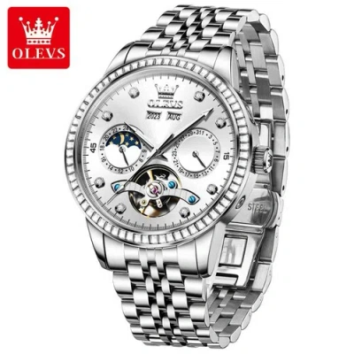 Pre-owned Olevs Steel Band Men's Mechanical Watch Luminous Hands Date Month Show Automatic Watch In Silver & White