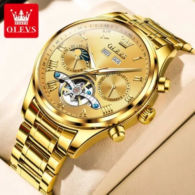 Pre-owned Olevs Steel Band Men's Mechanical Watch Luminous Hands Date Moon Phase Automatic Watch In Gold Face