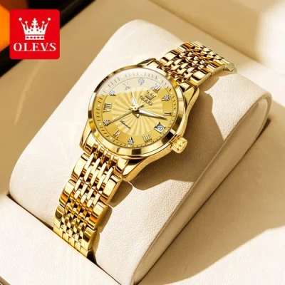 Pre-owned Olevs Steel Band Women's Mechanical Watch Luminous Dial Automatic Watch Date In Gold