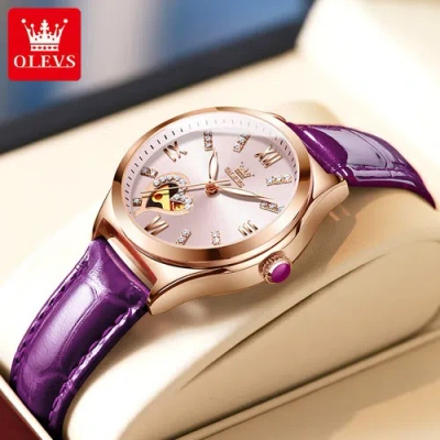 Pre-owned Olevs Women's Wrist Watch Cordiform Automatic Mechanical Watch Waterproof Leather Band In Purple