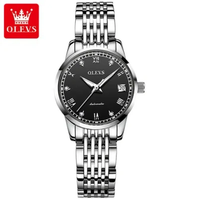 Pre-owned Olevs Women's Wrist Watch Steel Band Automatic Mechanical Watch Waterproof Calendar In Black