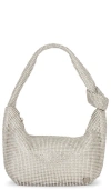 Olga Berg Jessica Soft Crystal Mesh Croissant Bag In Metallic Silver