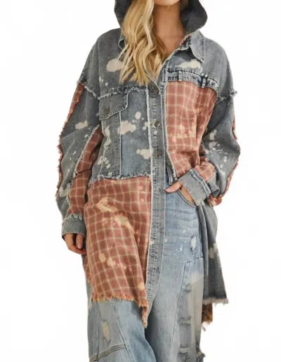 Oli & Hali Bleached Plaid Long Shacket With Hoodie In Washed Denim In Blue