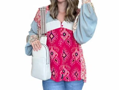 Oli & Hali Boho Bloom Button Up Top In Hot Pink