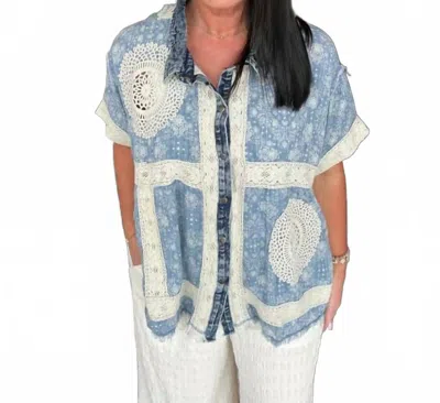 Oli & Hali Crochet Patchwork Button Down Shirt In Light Denim In Blue