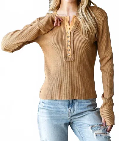 Oli & Hali Mineral Washed Henley Neck Thermal Top In Coffee In Multi