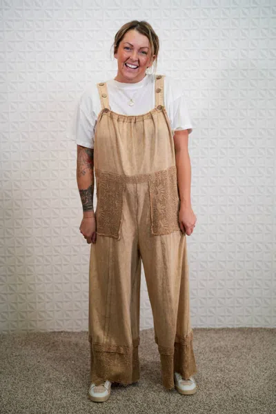 Oli & Hali Next Move Washed Lace Hem Jumpsuit Overalls In Coffee