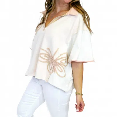 Oli & Hali Oversized Washed Butterfly Patch Henley In Light Pink In White