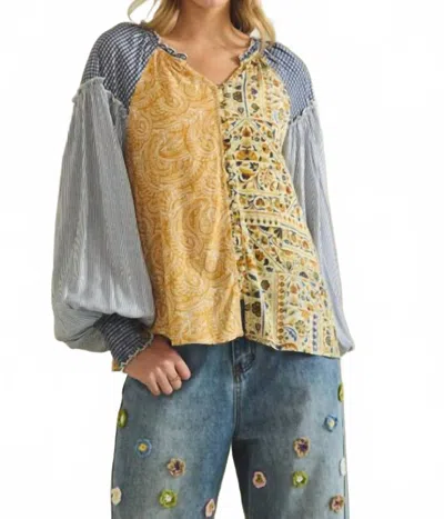 Oli & Hali Patchwork Peasant Top In Honey & Blue In Yellow