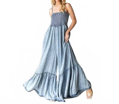 Oli & Hali Smocked Detail Ruffle Wide Leg Jumpsuit In Denim In Blue