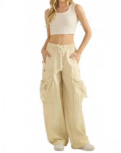 Oli & Hali Washed Elastic Waist Cargo Rope Tie Pocket Pants In Ecru In White
