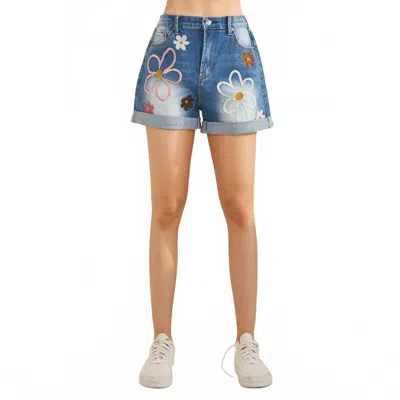 Oli & Hali Washed Floral Embroidery Short In Denim In Multi