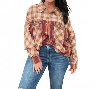 Oli & Hali Washed Plaid & Stripe Mix Shacket Top In Burgundy In Multi