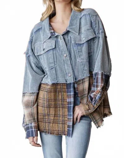 Oli & Hali Washed Plaid Color Block Shacket In Mix Denim In Multi