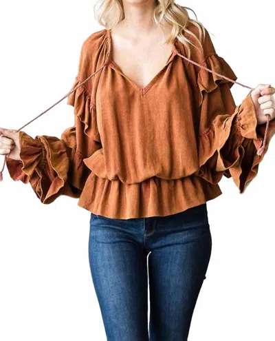 Oli & Hali Washed Ruffle Sleeve Peplum Top In Clay In Brown