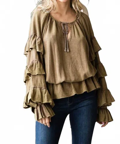 Oli & Hali Washed Ruffle Sleeve Peplum Top In Coffee In Green