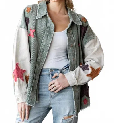 Oli & Hali Washed Star Patch Corduroy Shacket In Sage In Multi