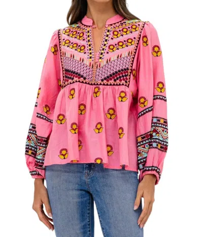 Oliphant Balloon Sleeve Top In Santa Fe Pink In Multi