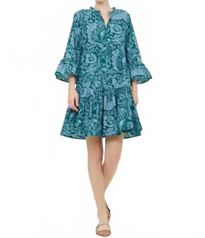 Oliphant Bell Sleeve Tiered Mini Dress In Singita Green In Blue