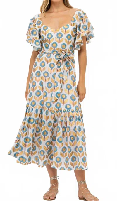 Oliphant Belted Flirty Maxi Dress In Touraine Blue In Multi