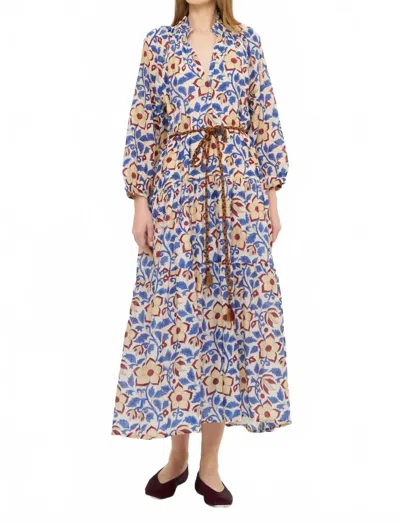 Oliphant Cuff Sleeve Tie Waist Maxi Dress In Kildare Blue In Multi
