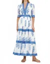 Oliphant V-neck Cuffed Maxi Dress In Salvia Blue In Blue